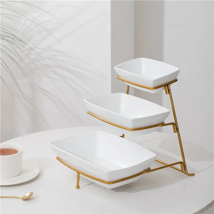 Exquisite design white rectangular hotel wedding 3 tier porcelain serving bowls with iron stand