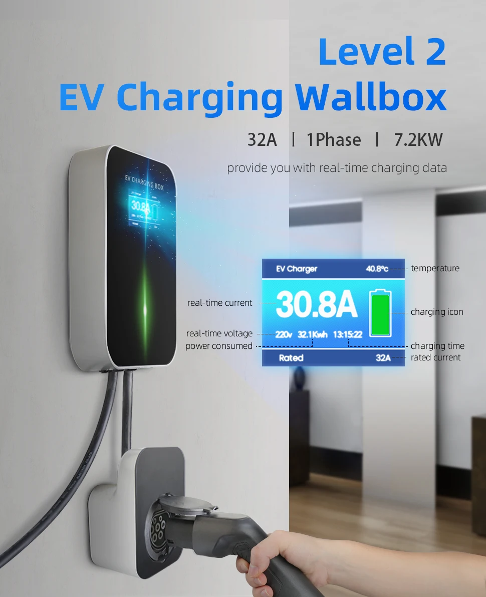 WISSENERGY CE RoHS CSA Certificate Single Phase AC Mode3 Type 2 Electric Vehicles Car 7KW Charger EV Wallbox