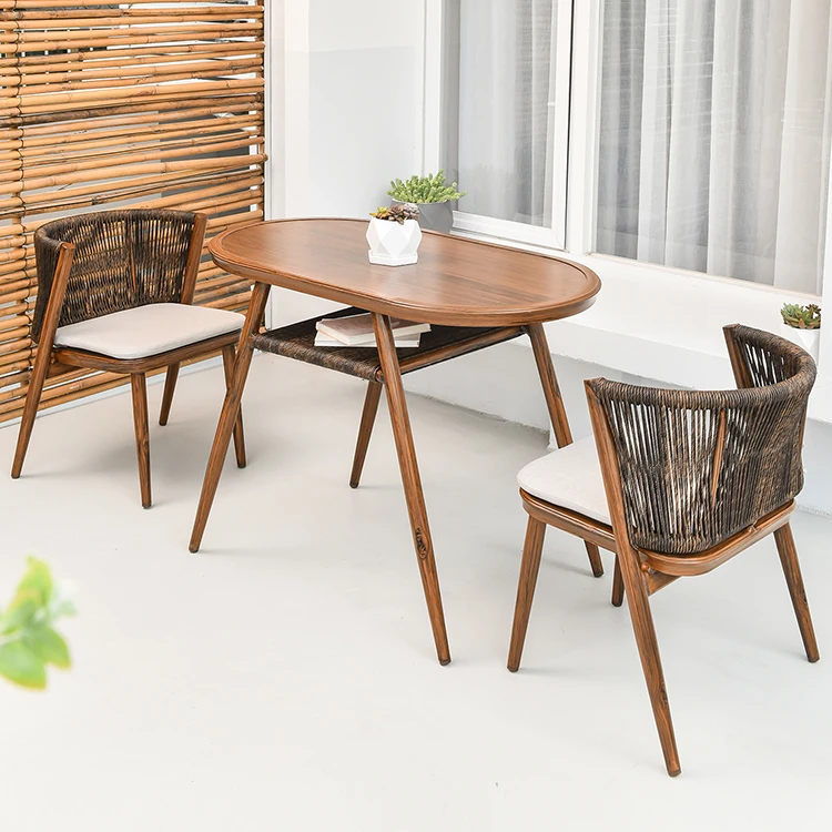 All Weather Outdoor Patio Metal Frame Rope Bistro Furniture Set Dining Chair Table