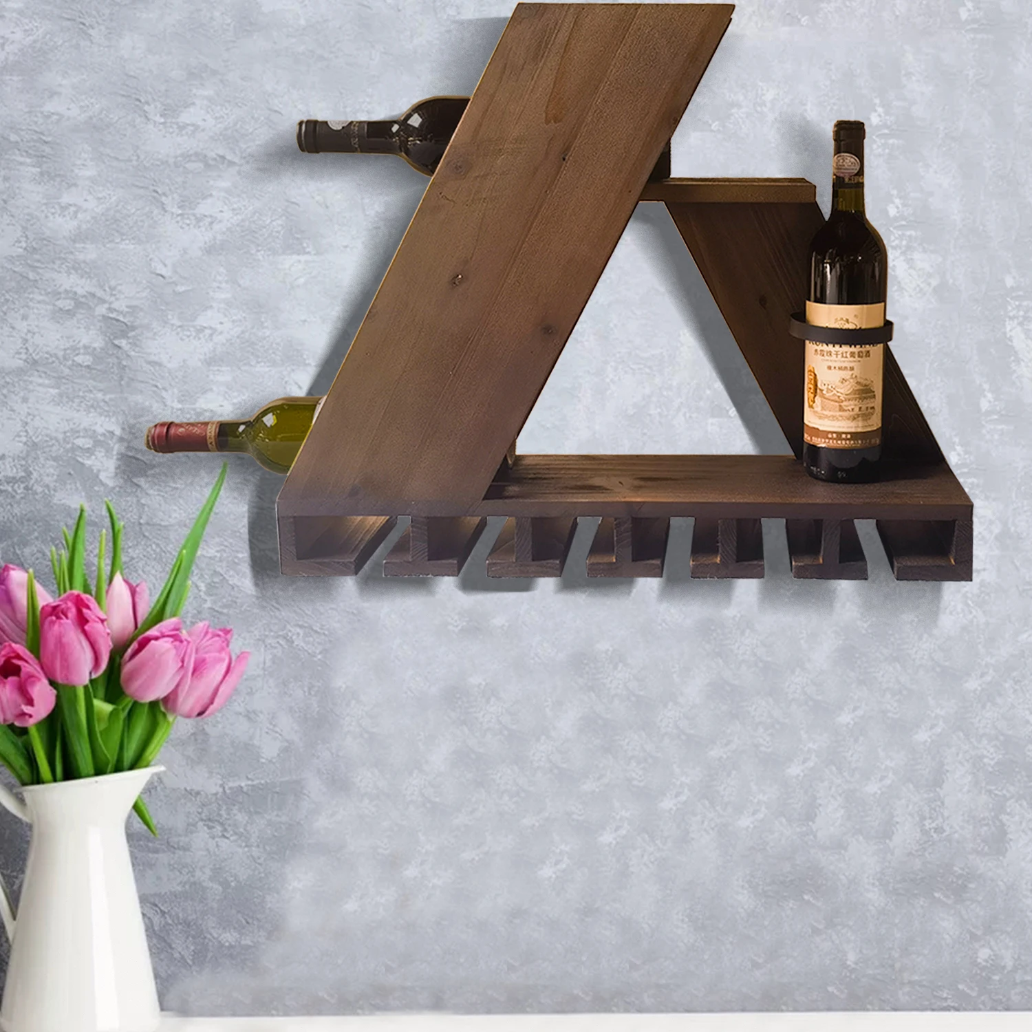 Kitchen Bar Restaurant Floating Shelf Bottle Rack Wall Mounted Wood Pine Wine Rack Wine Glass Hanging Rack