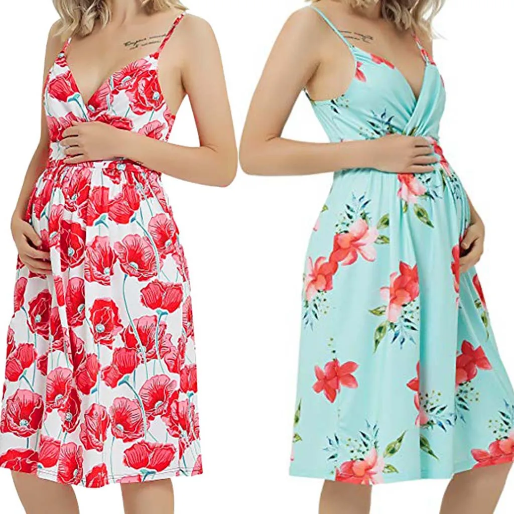 Mills Sisters 2021 New Design Maternity Dress With Floral Female Pregnant Casual Dress Mid-length Sling Flower Dress