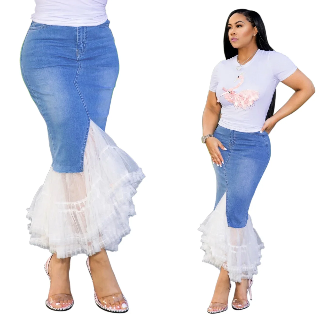 2022 summer new design women mesh patchwork hip wrap long denim skirt