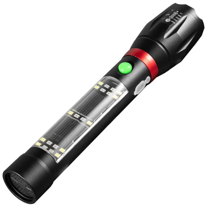 Zoomable T6 + 20 SMD LED Flashlight Solar power Torch Portable handheld USB rechargeable LED Torch Light with Alarm for Camping