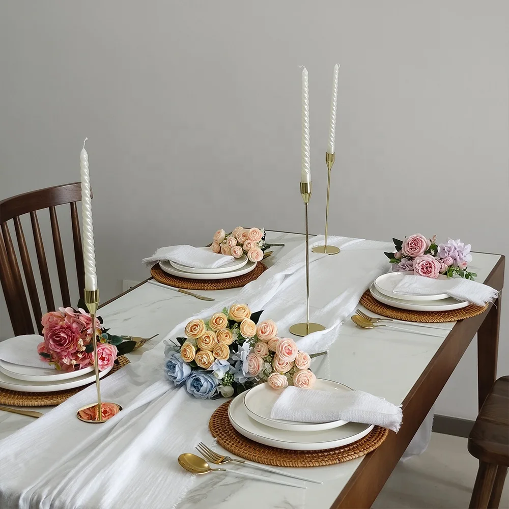 Frayed edges wholesale 34 colors options factory price 42x42 white gauze cotton wedding table runners and napkins