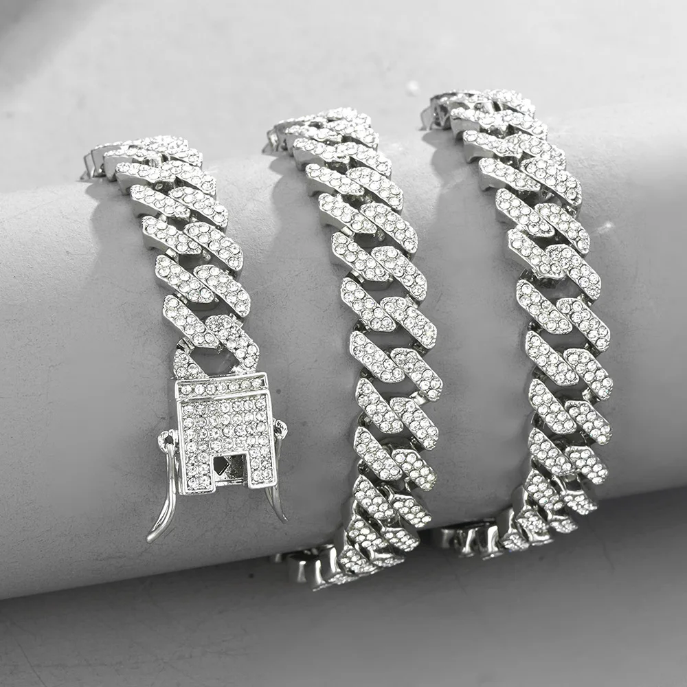 Цепочка кубинская позолоченная с бриллиантами для мужчин, ожерелье геометрической формы, полностью покрытое бриллиантами, аксессуар в стиле хип-хоп, полностью из сплава