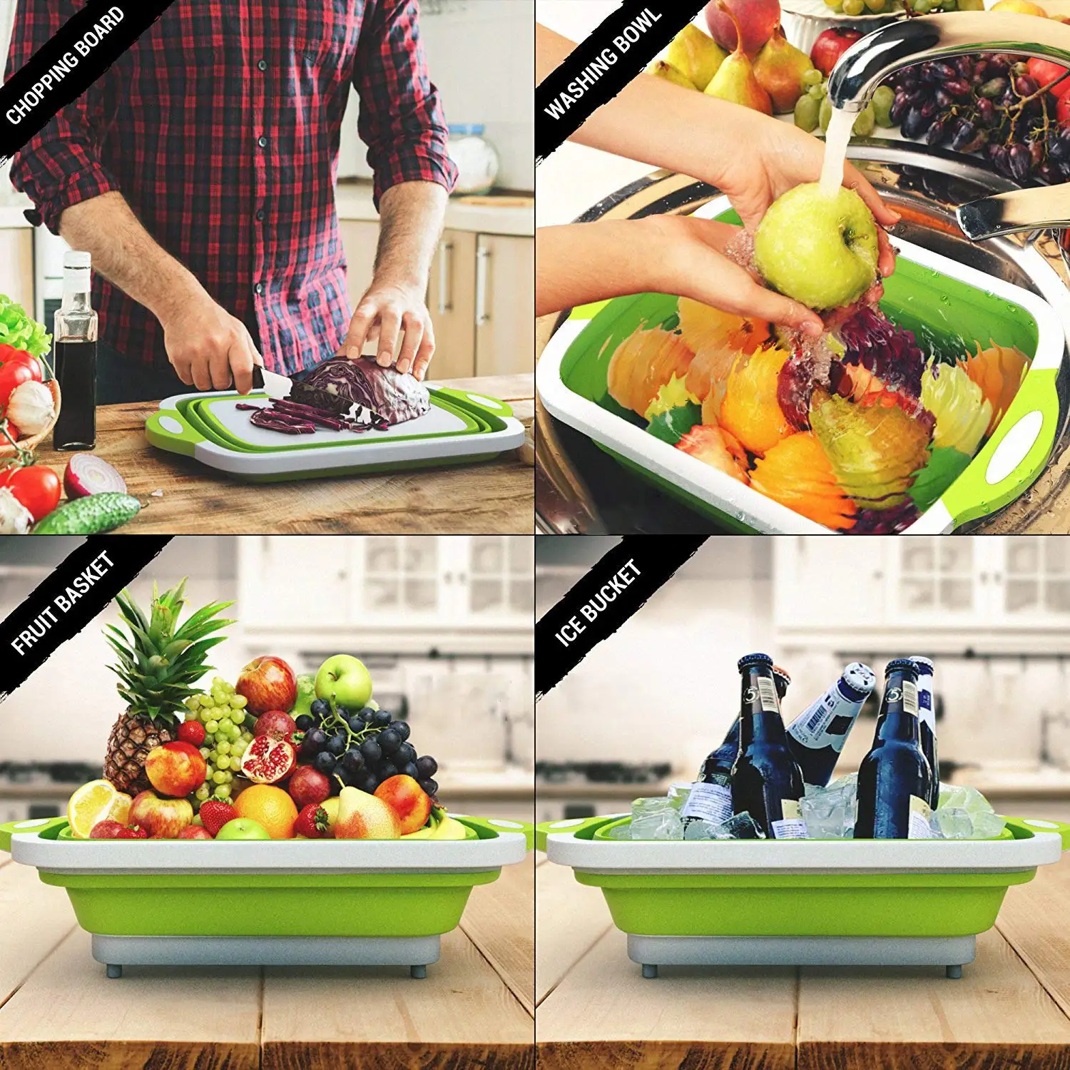 Multifunction Collapsible Cutting Board Dish Tub Drain Basket Vegetable Basin 3 in 1 Sink Folding Chopping Board for Kitchen
