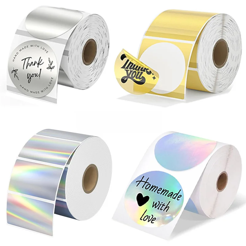 Custom Direct Thermal Label Printer 2 Inch Round Pink Gold Clear Holographic Transparent Thermal Stickers Labels