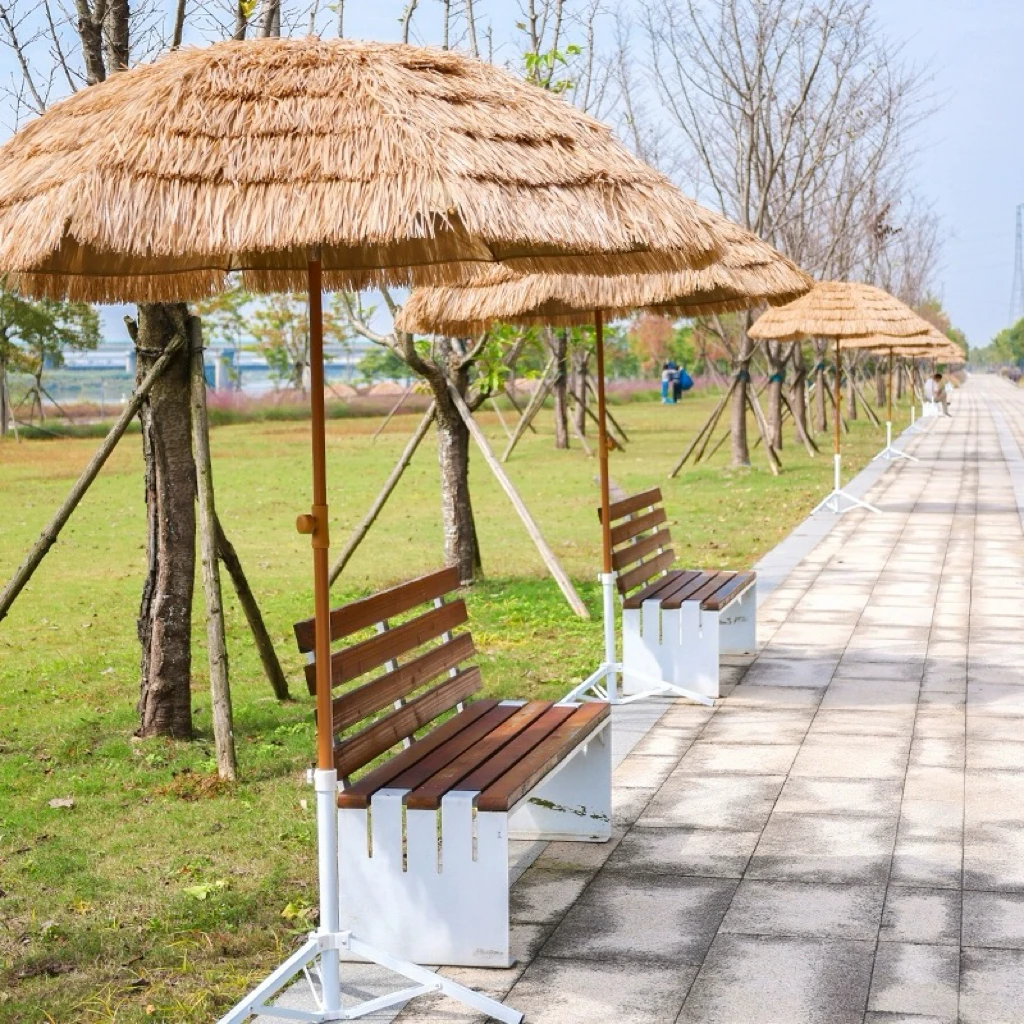 MORE DESIGN Free Sample Wooden Pole Canvas Waterproof Patio Swimming Pool Garden Wooden Sun Beach Straw Outdoor Umbrella