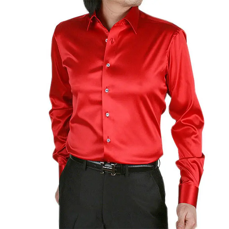 Custom High Quality Plus Size Mens Solid Full Sleeve Polyester Spandex Silk Satin Dress Shirts