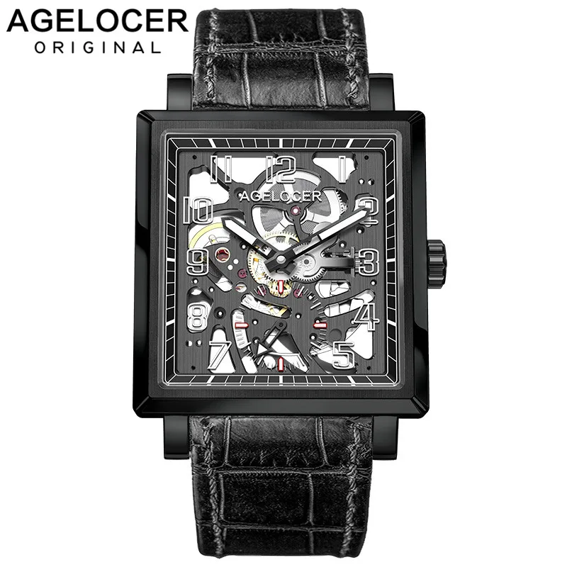 AGELOCER Black Luminous Swiss Fashion Analog Display Mens Mechanical Skeleton Wrist Watches Top Brand Luxury Watches
