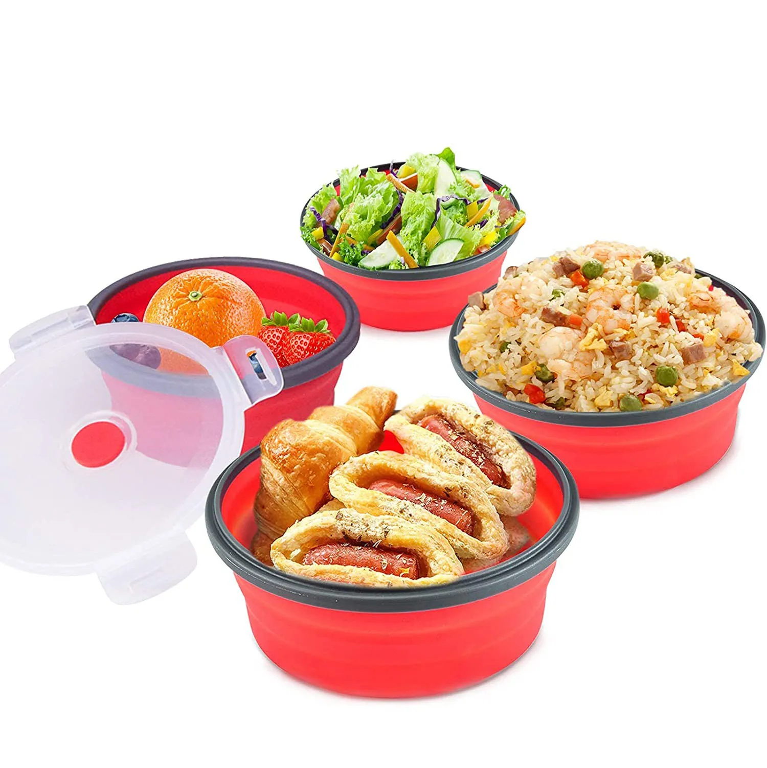 Silicone Lunch Box Set Plastic Lid Collapsible Food Storage Containers Round Shape Folding Microwave and Freezer Safe