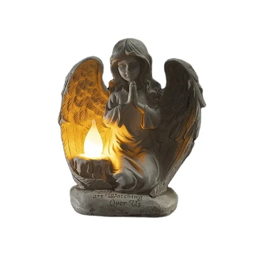 home wedding decoration polyresin miniature angel wings sitting angel figure candle elf fairy statue with LED candle