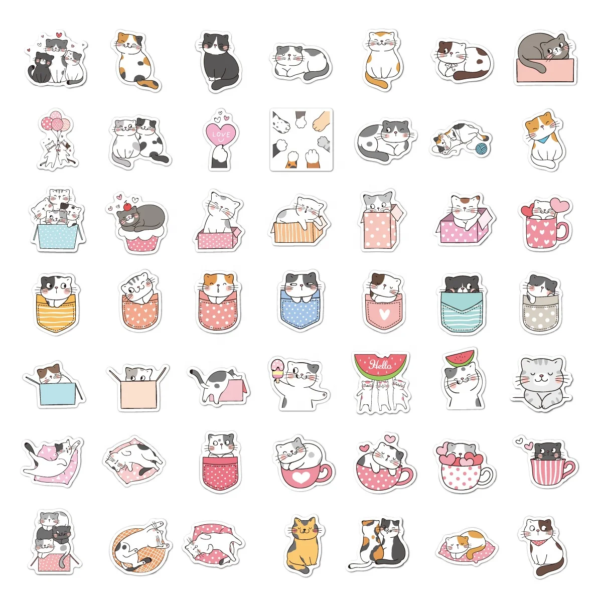 Manufacturers Designs Direct Shipping Lovely cat  50 Pcs Vinyl Waterproof Self Adhesive Stickers