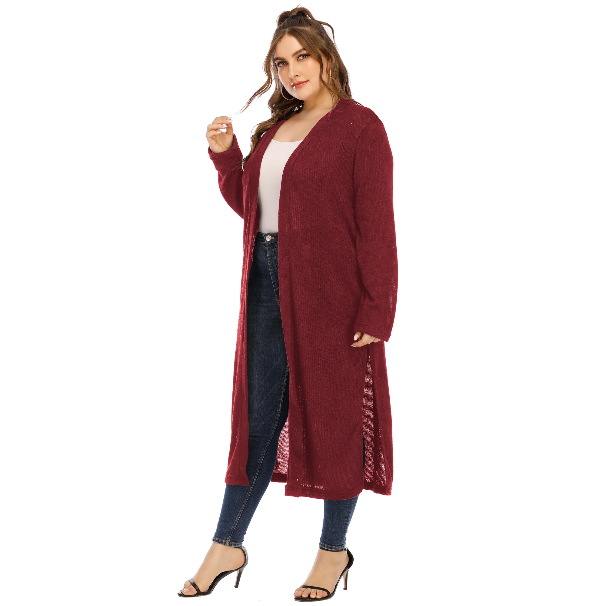 Custom Plus Size Women Clothing Long Sleeve Open Front Midi Cardigan Sweater Coat with Slit
