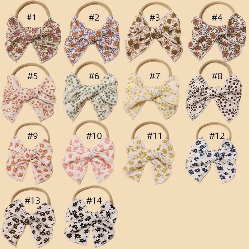LRTOU New Arrival Nylon Fabric Elastic Baby Hair Bow Hairband Wholesale Cute Flower Printing Baby Kids Girl Hair Accessories