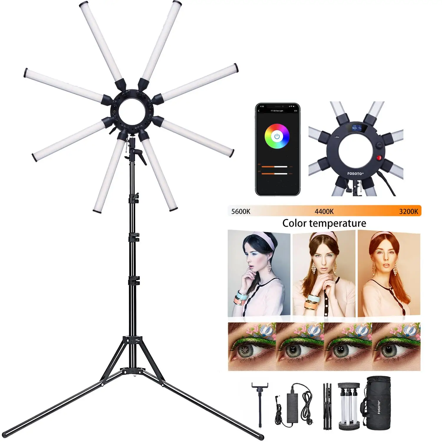 FOSOTO 150W Eight Tubes Eyes Star LED Selfie Ring Light Control By Phone APP Photographic Lighting For YouTube tiktok Video
