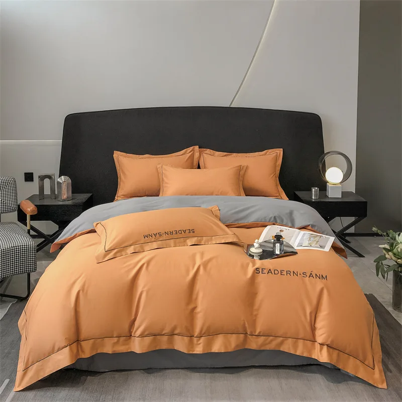Plain cotton four pieces set exquisite embroidery AB face  matching quilt cover simple Bedding Set for bedroom