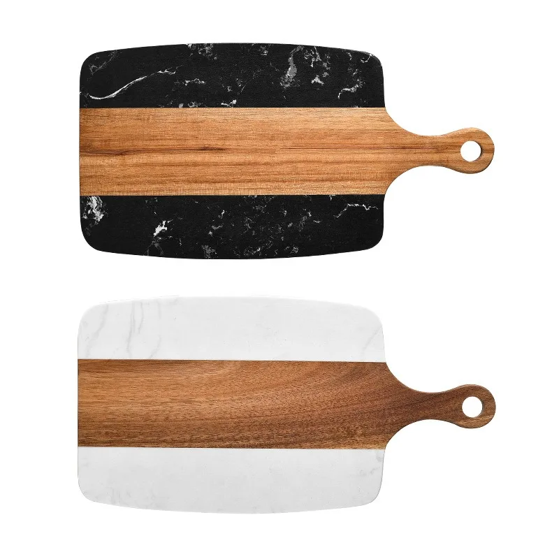 New Design Steak fruit cutting boards Premium Cheese board black square acacia wood spliced marble cutting board with handle