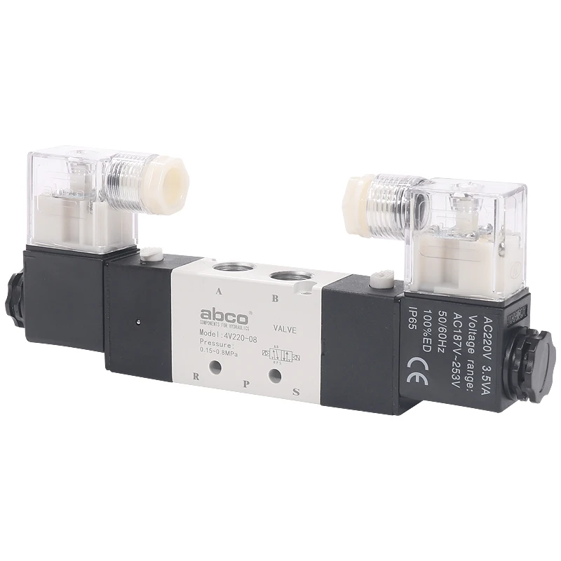 Two position five way double electric control solenoid valve 4v220-08 / 120-06 electronic reversing air valve