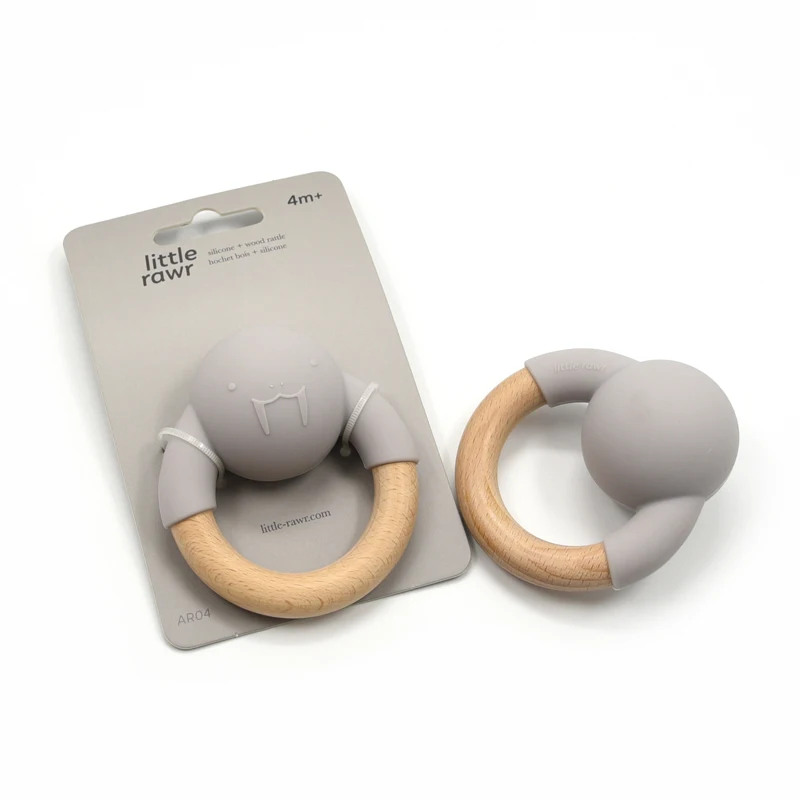 wholesaler  Baby Silicone with  Wood Ring Teether Animal Shape Walrus  Bell  Kids Teething Silicone Wood  Ring Bell Teethe Toys