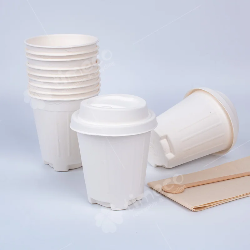 100% Biodegradable Bagasse Cups With Lid and Straw Wholesale Bagasse Pulp Paper Coffee Cup With Lid  Disposable Anti-slip Cup