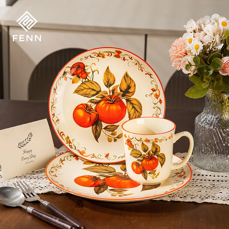 Custom porcelain plates wholesale ceramic dish tableware for home hand-painted tomato pattern crockery dinner set with mugs