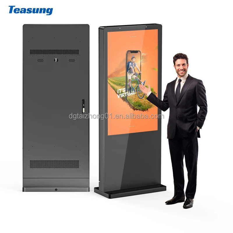 Outdoor Screen Cms Advertising Software Lcd Advertising Machine Touch Kiosk 43/55inch 4k floor display stand Signage With Wheels