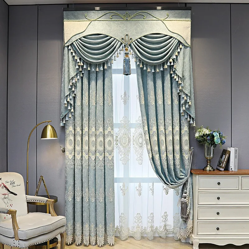 Европейская оптовая продажа новейший дизайн синяя вышивка с Valance House роскошные оконные шторы для дома гостиной