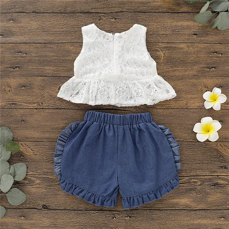
Baby Girl Summer Clothing Sets white lace Top + Denim ruffle shorts 2pcs girls Outfits 