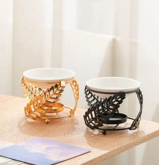 Gold Feather Essential Oil Burner Wax Melt Candle Holder Delicate Romantic Metal Aroma Home Incense Burner with Ceramic