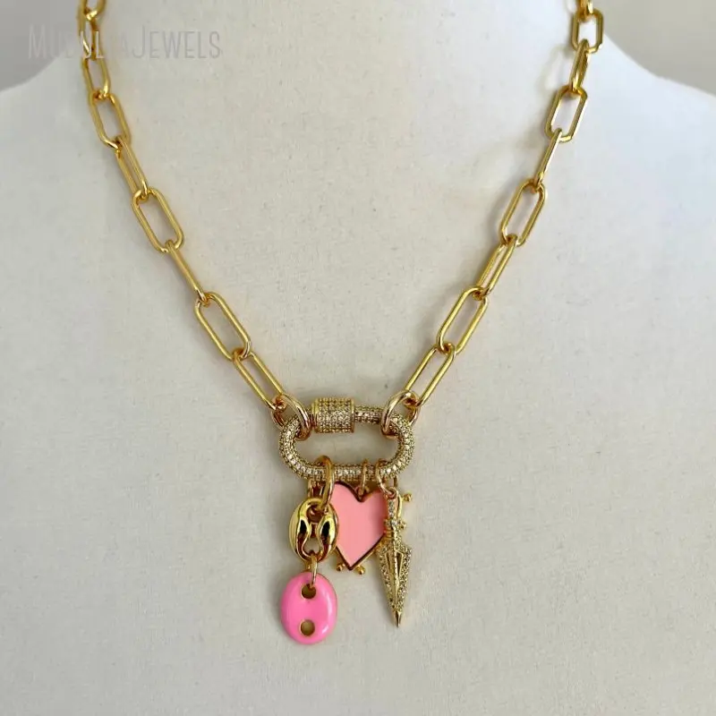 NM42693 Coffee Bean Arrowhead Heart Charm CZ Pendant Paperclip Chain Carabiner Screw Clasp Stainless Steel Necklace
