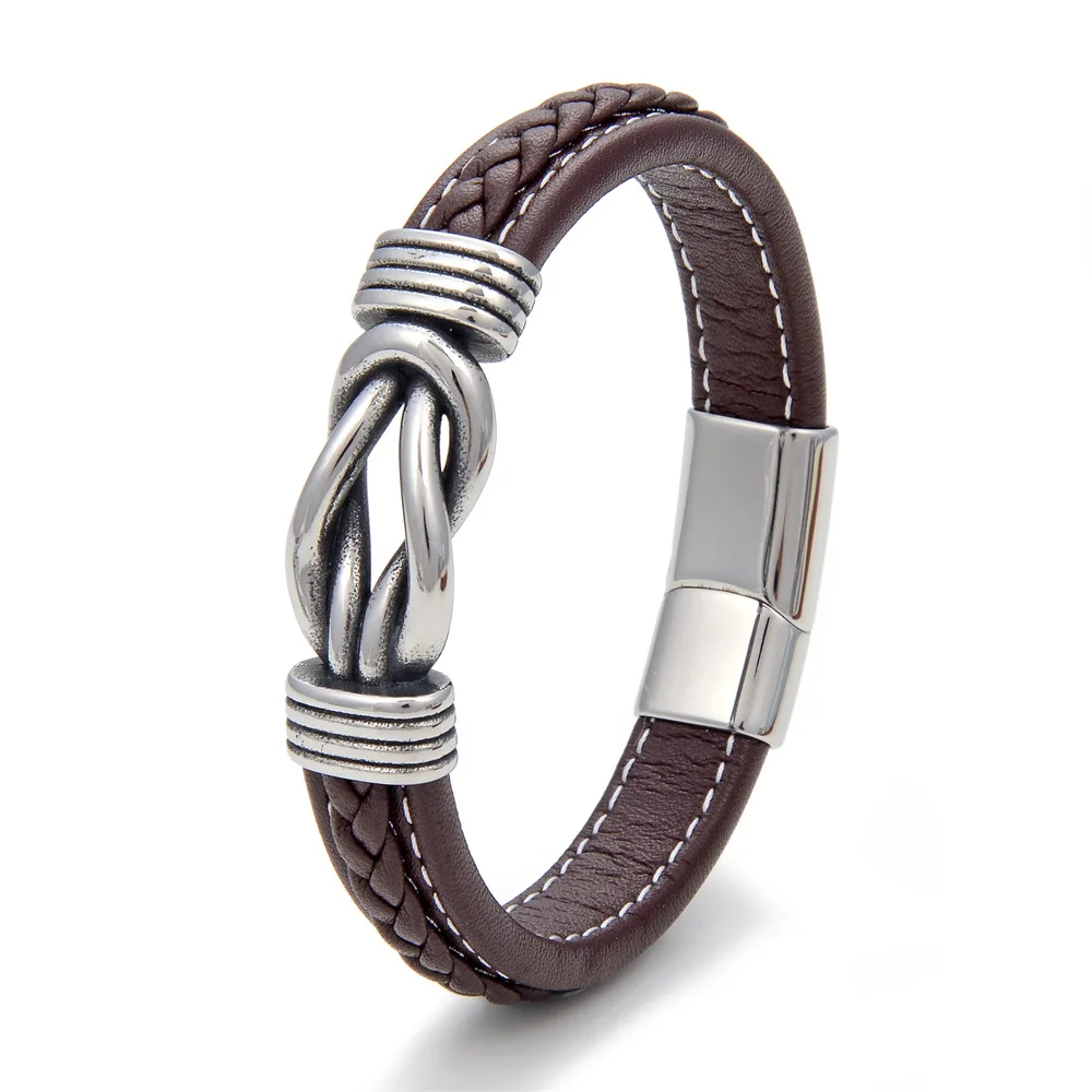 Fashion Twist Hand Woven Braided Square knot Titanium Stainless Steel Love My Son Punk Men Cuff Leather Wrap Bracelet