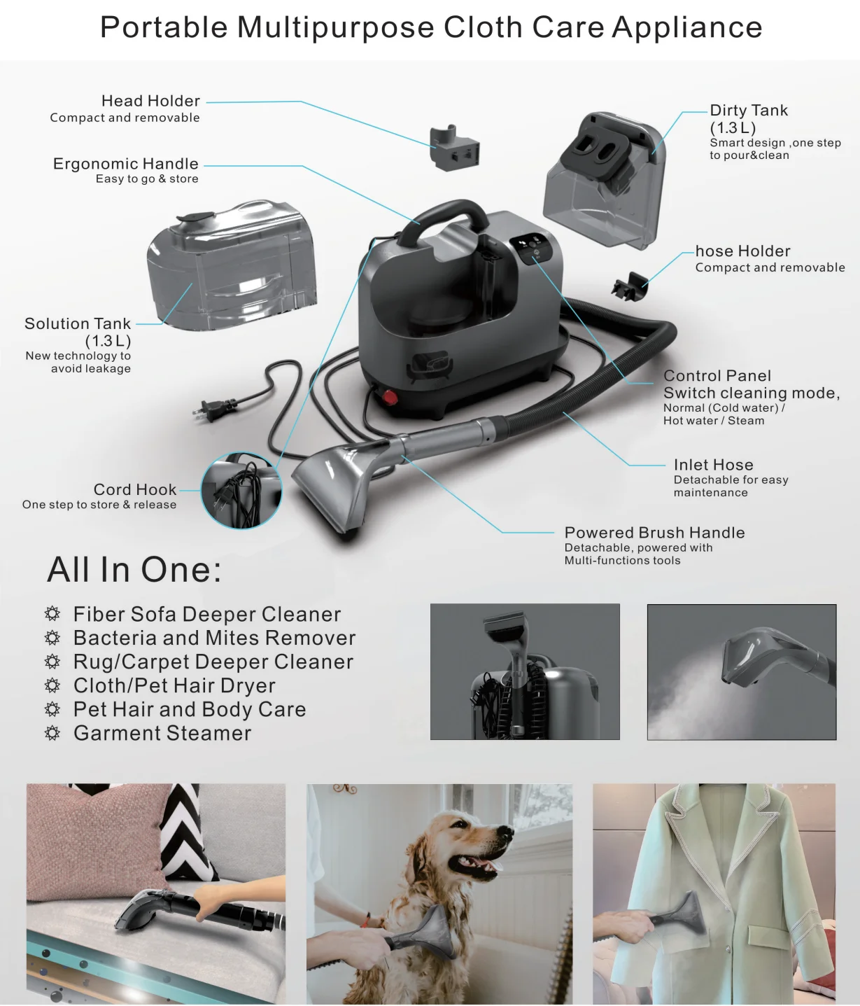 BOCO  Household  wet and dry  big capacity handheld fabric sofa pet hair  carpet cleaning machine