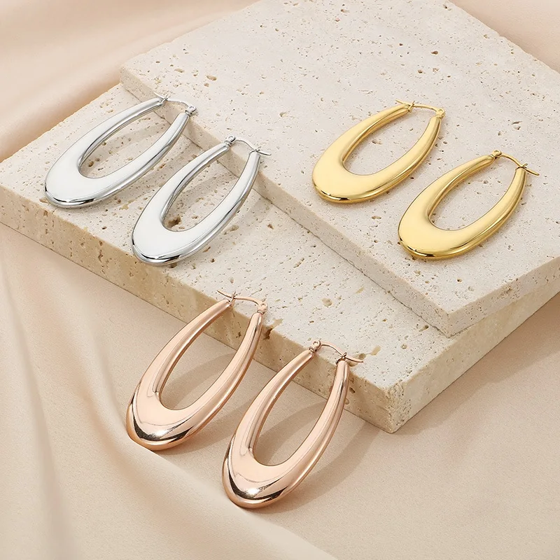 Classic Fashion Jewelry Earrings 18K Gold Plated Stainless Steel Hollow Out U Shape Chunky Thick Gold Hoop Earrings For Women