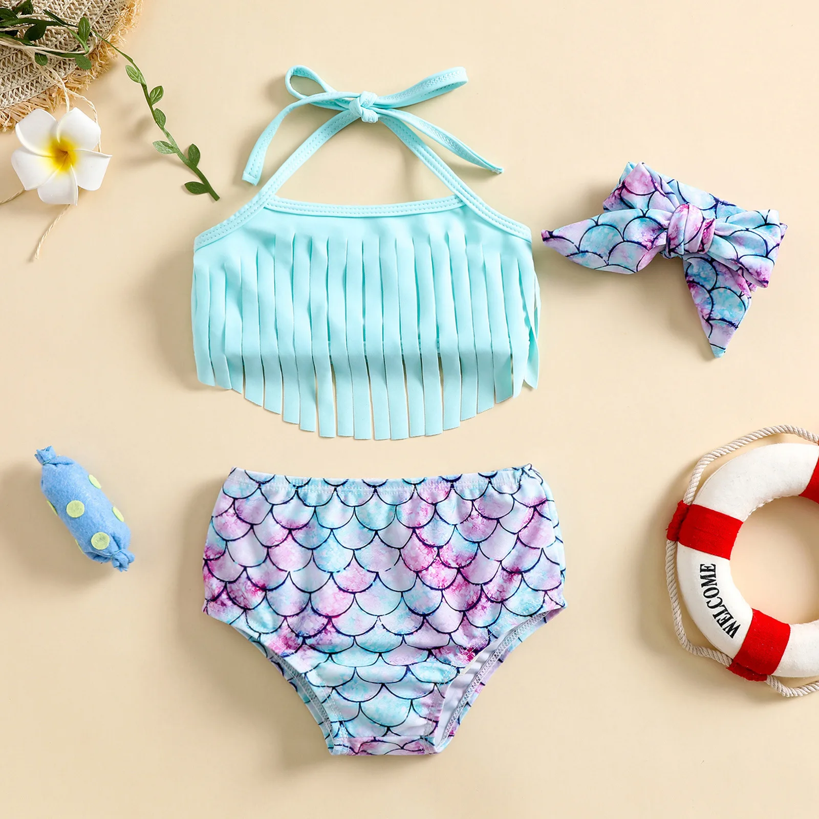 Summer Girls Kids Swimsuit Two Piece Floral Tassel Swimwear for Children Bikini Bathing Suit