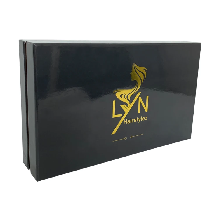 Wholesale Custom Cardboard Paper Box Two Pieces Style Glossy Wig Hair Extension Box with  Golden Satin Fabric Inside