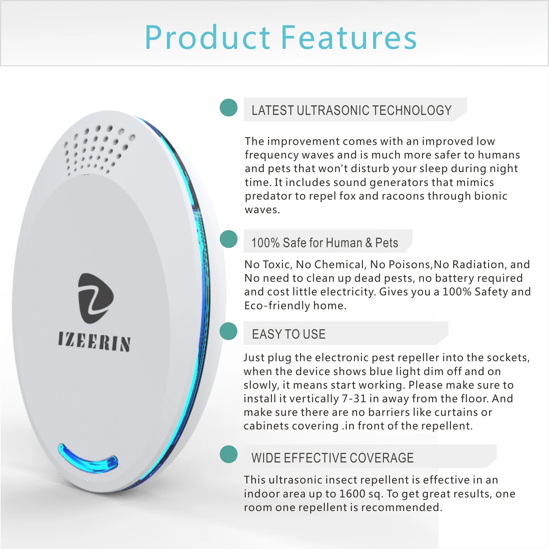 Direct factory white color Insert deterrent US/UK/EU plug in ultrasonic pest insect mosquito repellent