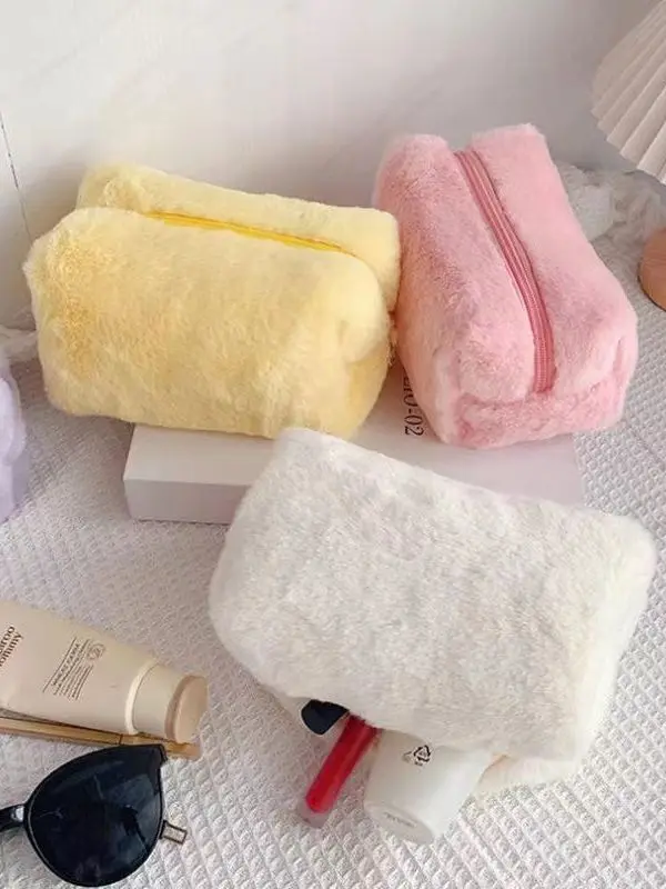 Macaron Faux Fur Female Women Sweet Soft Waxy Portable Makeup Cosmetic make up bag custom plush Pen bag Handbag