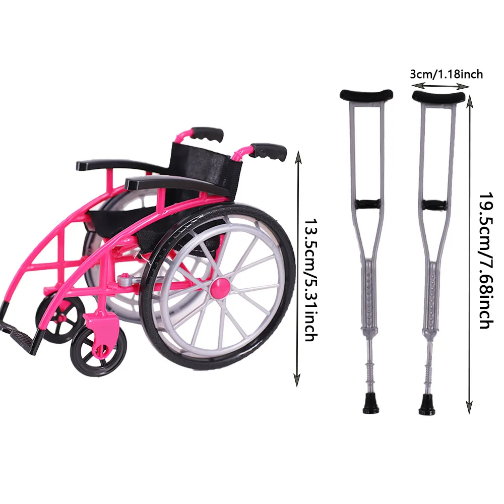 new arrival 1/6 scale 30 cm doll toy simulation miniature plastic wheelchair crutch set model pendulum folding wheelchair toy