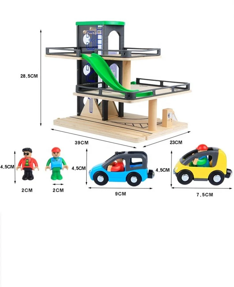 OEM role play fire station game set rail car parking station for kids preschool wooden pretend play toy