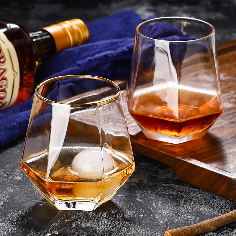 
New Diamond Shaped whiskey glass cup Crystal Glass Whisky Cup with gold rim rocks glasses 