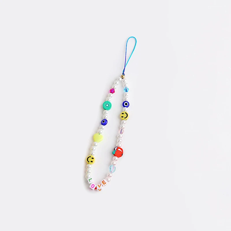 2022 Phone Charm Strap String Smile Face Fruit Pearl Beaded Charm for Women Girls Phone Keychain Wrist Strap