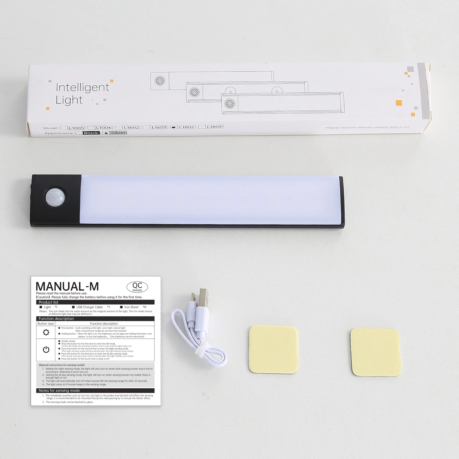 corridor cabinet wardrobe motion sensor light black silver color 3w dimmableled rechargeable under cabinet light for home