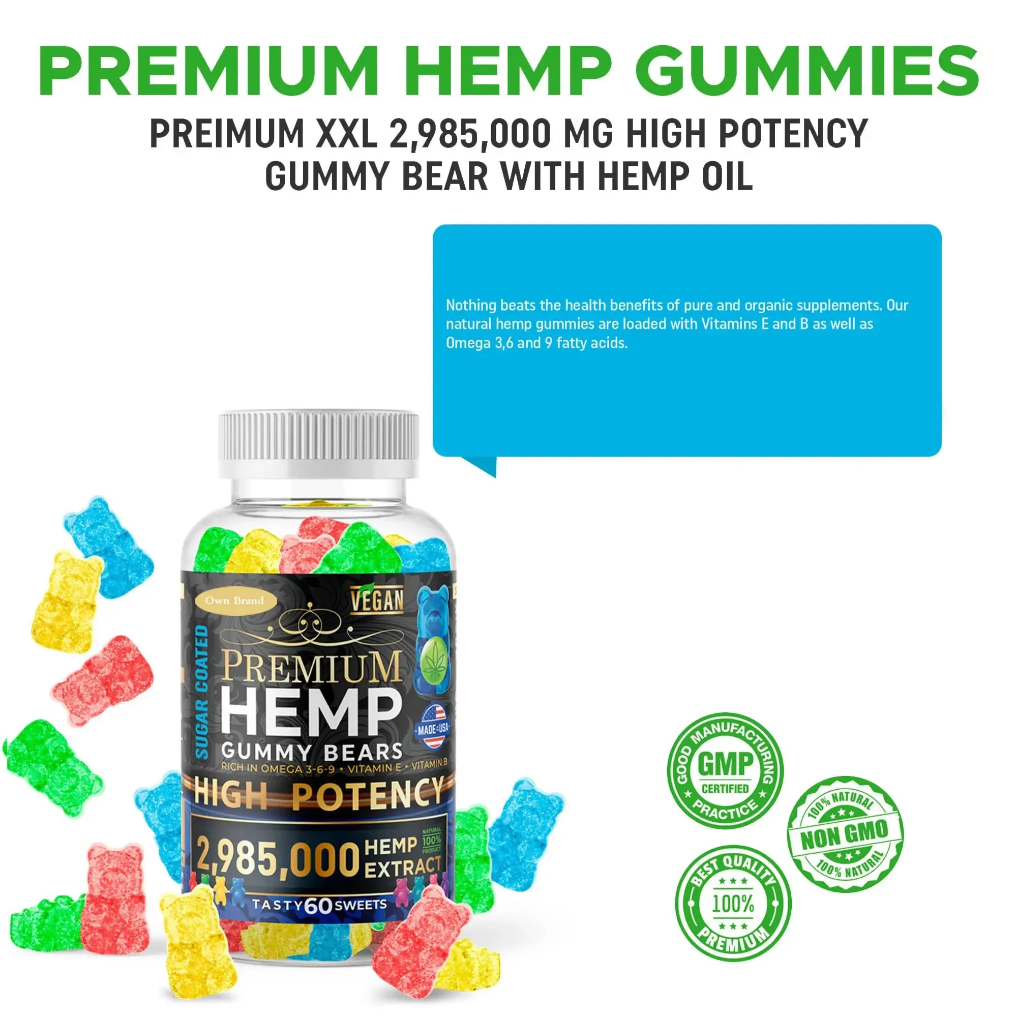 Hot Sale Fruity Gummy Bear Hemp Oil Gummies Sugar-Coated Natural Hemp Candy Supplements With Vitamins B E