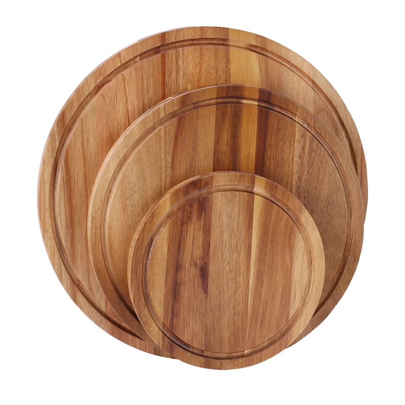 Custom Round Acacia Wood Cutting Board Set with Juice Groove Circular Serving Tray Charcuterie Blocks Kitchen Chopping Board