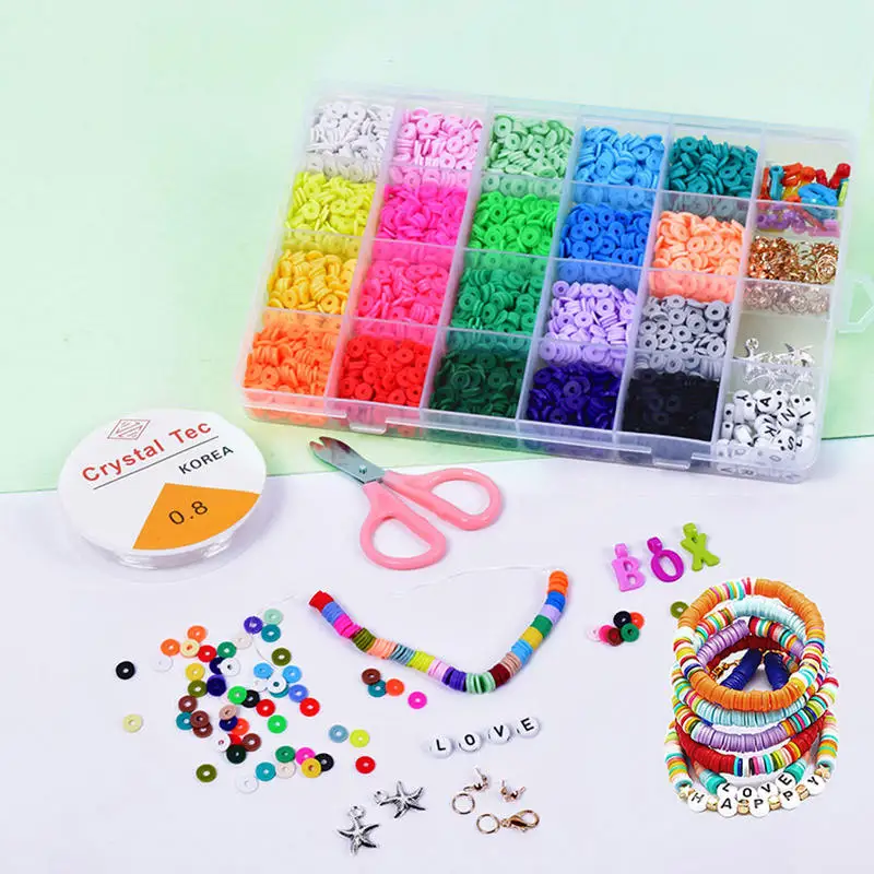 Children Educational Creative Diy Clay Bead Craft Kit Flat Round Shape Colorful Design Polymer Clay Beads for Bracelet Making