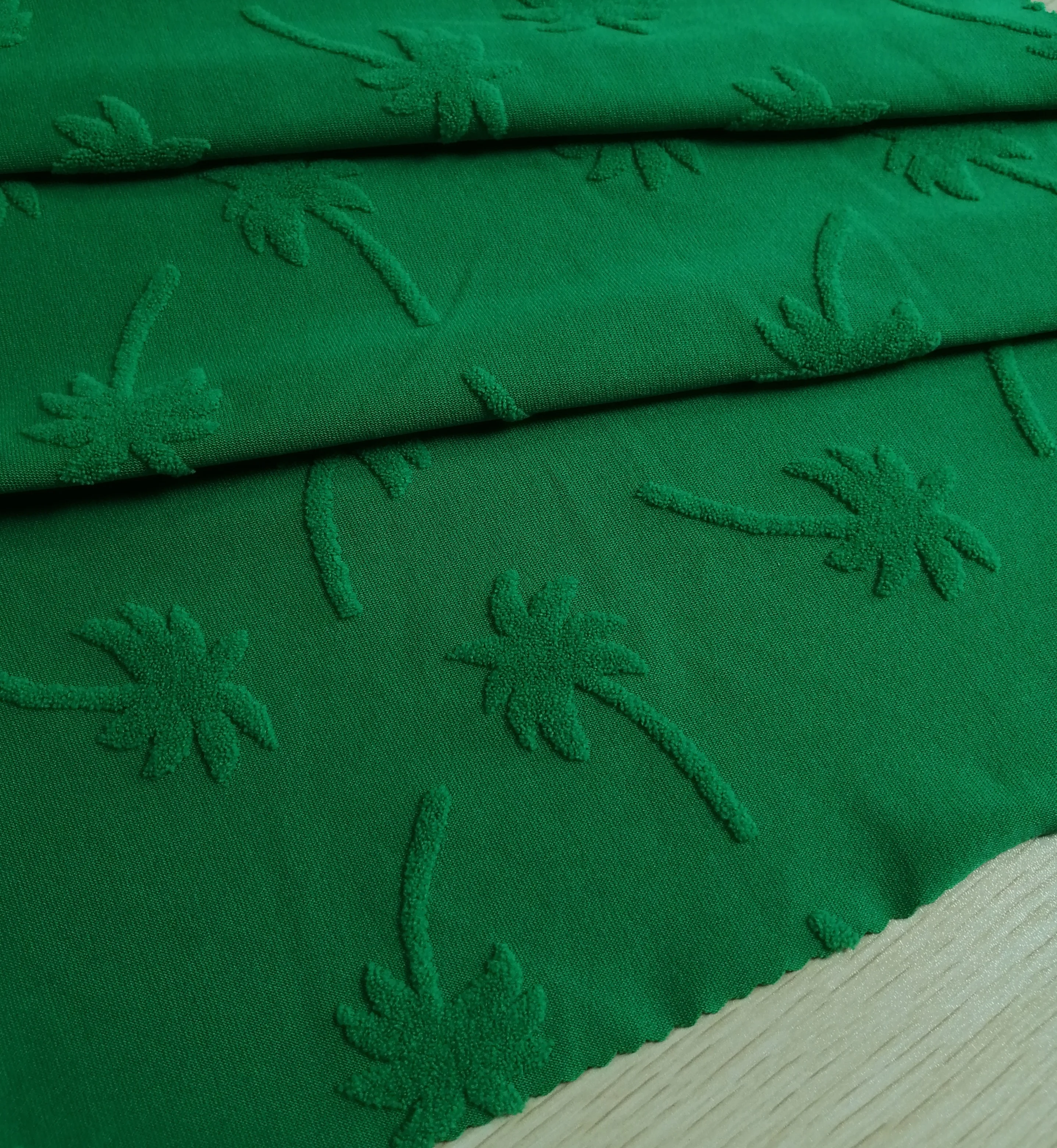 green Coconut Tree Flocking Pattern Jacquard 3D Elegant polyester fabric recycled fabric material for clothing