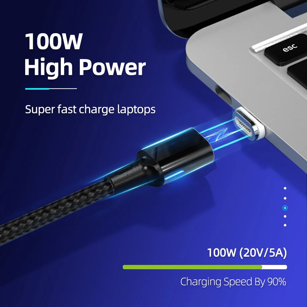 Portable Nylon Braided Cord 5A 100W Fast Charging Reversible Magnetic USB Type C to USB C Cable 1.8m 6FT Adapter for MacBook Pro