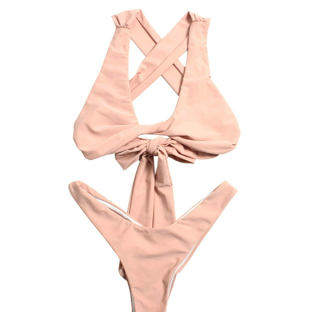 Sheer pink brazilian cross bandage women bikini set sexy triangle thong two piece swimsuit female beachwear biquini swimwear