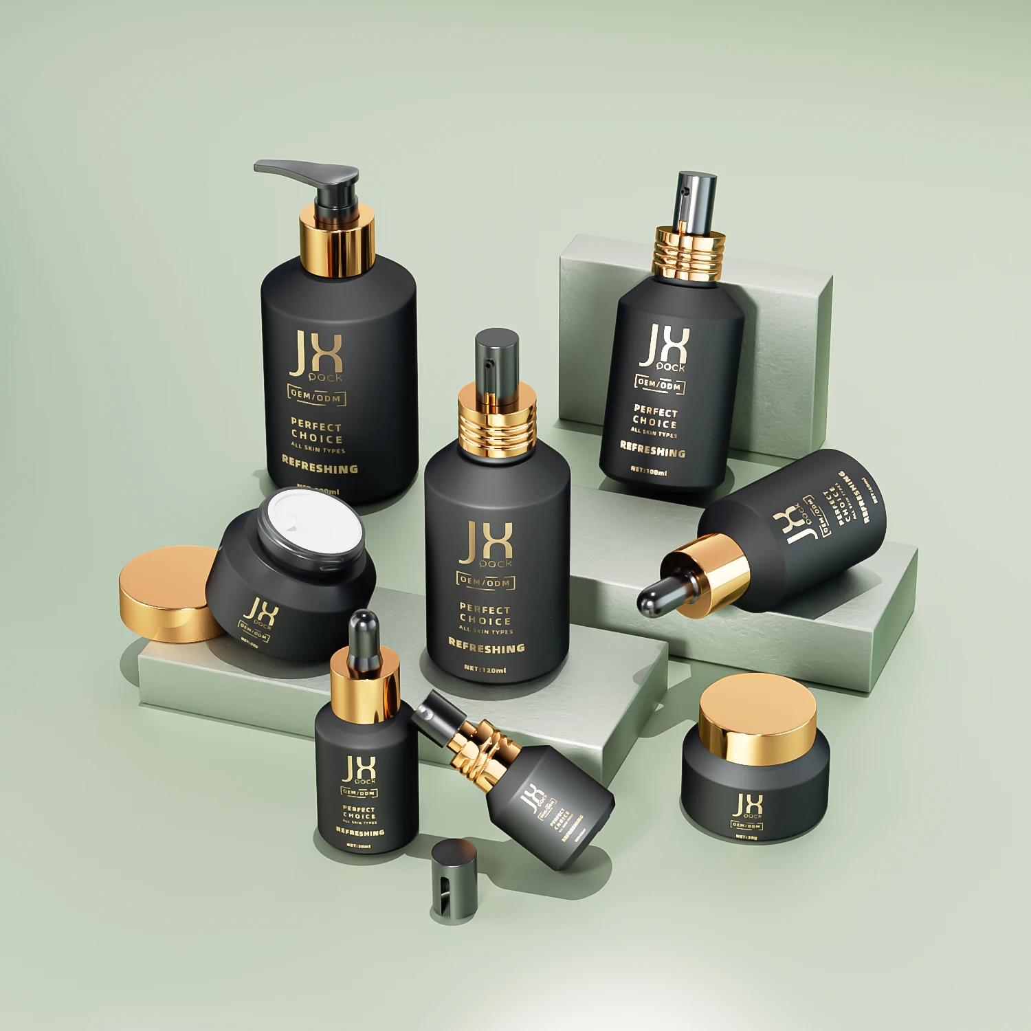 15ml-200ml cosmetic packaging matte black slant shoulder glass bottle with gold lid pump dropper lotion bottle cream jar sets